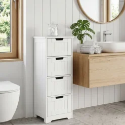Badschrank Landhaus Badezimmerschrank Holz weiß Schubladen Beistellschrank klein