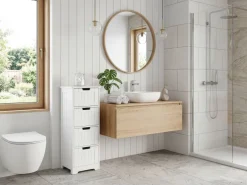 Badschrank Landhaus Badezimmerschrank Holz weiß Schubladen Beistellschrank klein