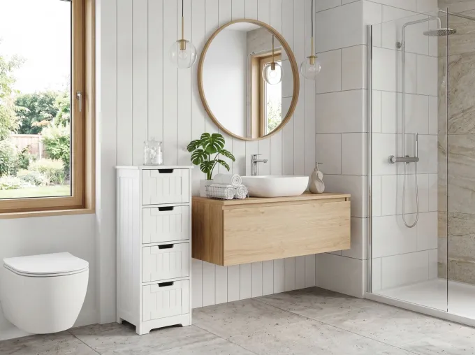 Badschrank Landhaus Badezimmerschrank Holz weiß Schubladen Beistellschrank klein