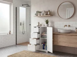 Badschrank Landhaus Badezimmerschrank weiß Schubladen Tür Beistellschrank