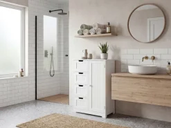 Badschrank Landhaus Badezimmerschrank weiß Schubladen Tür Beistellschrank
