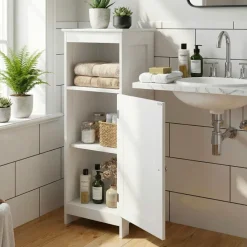 Badschrank Weiß Badezimmerschrank Tür & Ablage Badezimmerregal Regal für Bad