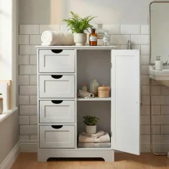 Badschrank Weiß 80cm Badezimmerschrank Schubladen Badregal Badezimmerregal Tür