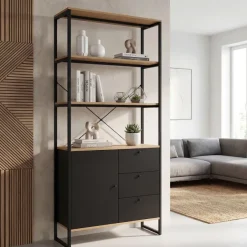 Bücherregal 180cm Eiche Dekor Mehrzweckregal Standregal Regal Schubladen & Tür