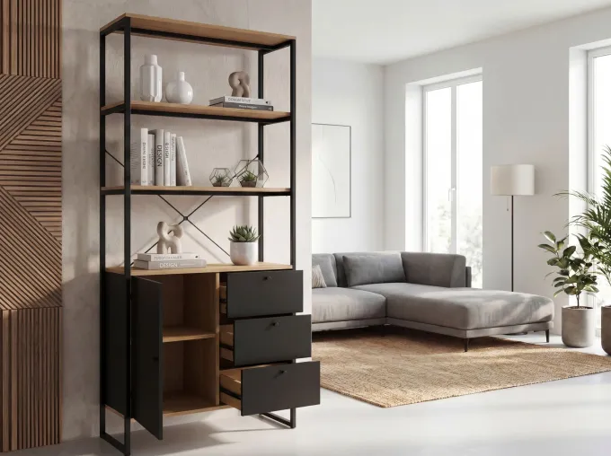 Bücherregal 180cm Eiche Dekor Mehrzweckregal Standregal Regal Schubladen & Tür