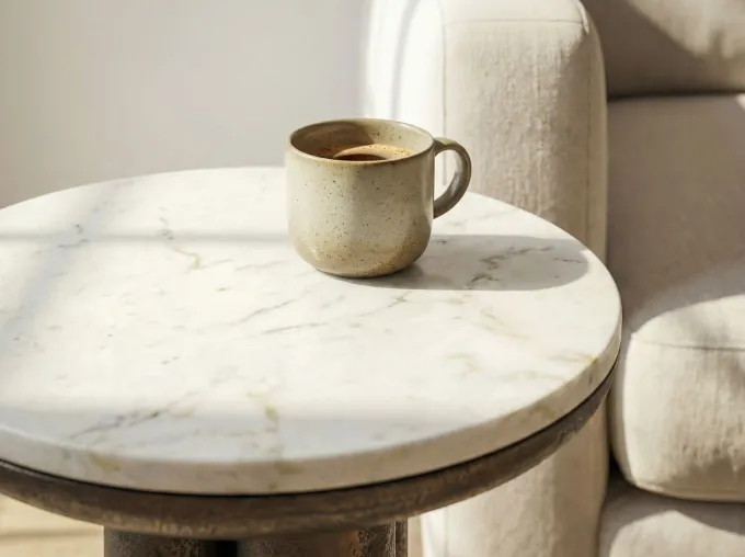 Beistelltisch 36cm mit Marmor Platte weiß Wohnzimmertisch Couchtisch Metall Rund