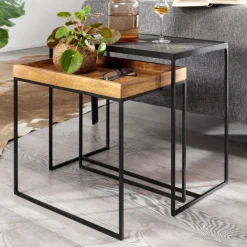 Beistelltisch FineBuy Satztisch Massivholz Stein 2 teilig Couchtisch Tisch Set