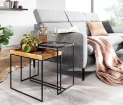 Beistelltisch FineBuy Satztisch Massivholz Stein 2 teilig Couchtisch Tisch Set
