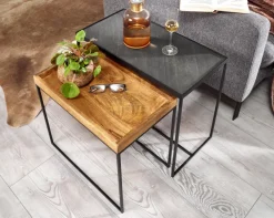 Beistelltisch FineBuy Satztisch Massivholz Stein 2 teilig Couchtisch Tisch Set