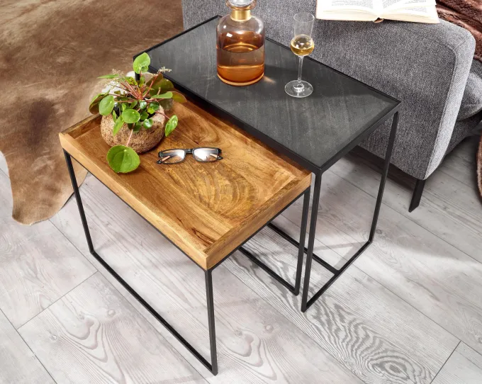 Beistelltisch FineBuy Satztisch Massivholz Stein 2 teilig Couchtisch Tisch Set