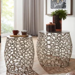 Beistelltisch FineBuy Wohnzimmertisch 2er Set Metall Satztisch Tisch Rund Alu