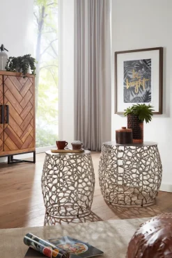 Beistelltisch FineBuy Wohnzimmertisch 2er Set Metall Satztisch Tisch Rund Alu