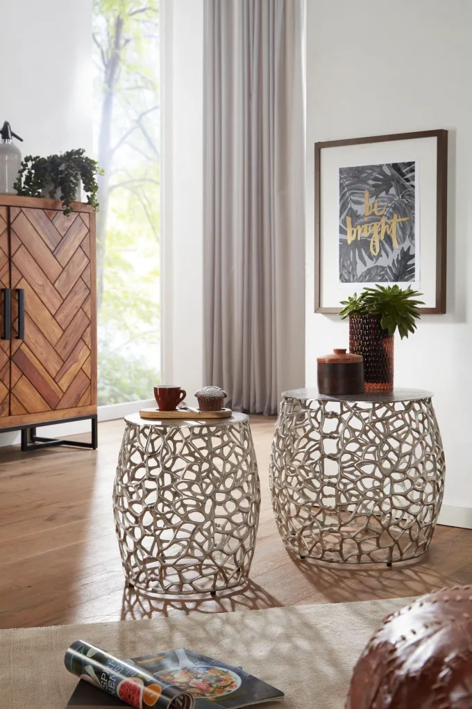 Beistelltisch FineBuy Wohnzimmertisch 2er Set Metall Satztisch Tisch Rund Alu