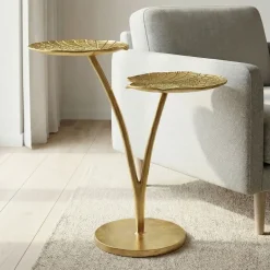 Beistelltisch Gold 57cm Alu Anstelltisch Blatt Wohnzimmertisch Couchtisch Rund