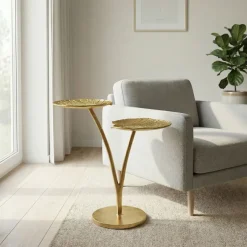Beistelltisch Gold 57cm Alu Anstelltisch Blatt Wohnzimmertisch Couchtisch Rund