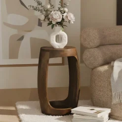 Beistelltisch Mango Massivholz rund 30cm Couchtisch mit Fach Wohnzimmertisch