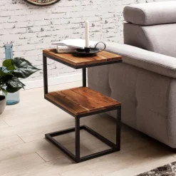 Beistelltisch S-Form Massivholz Metall Wohnzimmertisch Anstelltisch Landhaus