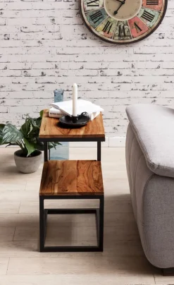 Beistelltisch S-Form Massivholz Metall Wohnzimmertisch Anstelltisch Landhaus