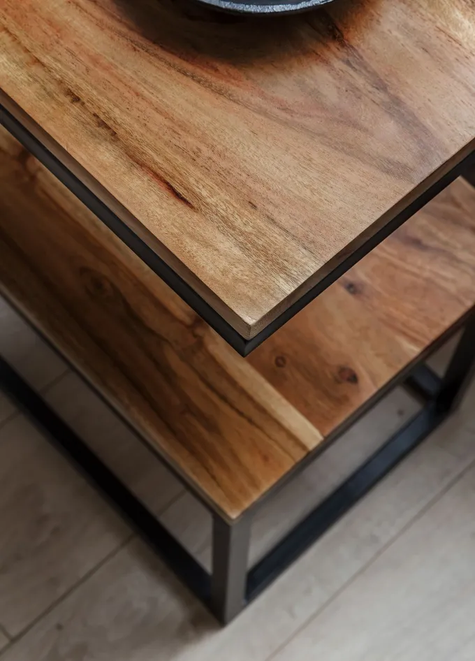 Beistelltisch S-Form Massivholz Metall Wohnzimmertisch Anstelltisch Landhaus