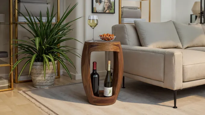 Beistelltisch Sheesham Massivholz rund 30cm Couchtisch mit Fach Wohnzimmertisch
