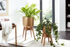 Blumentopf FineBuy Pflanzenkübel 2er Set Metall Holz Gold Rund Pflanzgefäß