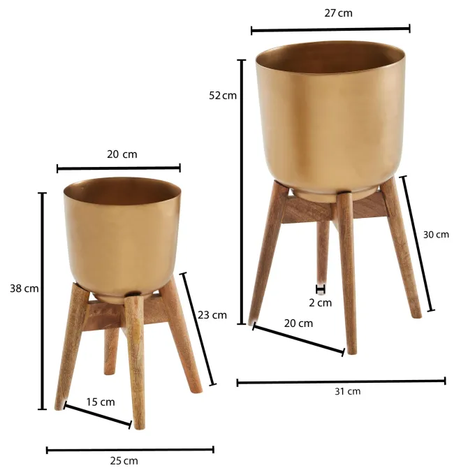Blumentopf FineBuy Pflanzenkübel 2er Set Metall Holz Gold Rund Pflanzgefäß