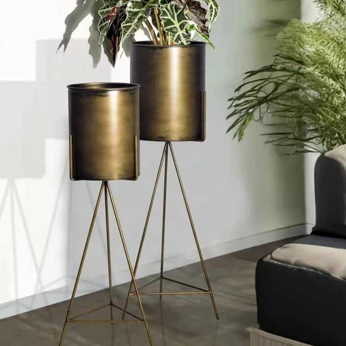 Blumentopf FineBuy Pflanzenkübel 2er Set Metall Gold Rund Pflanzgefäß Hoch Eisen