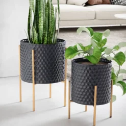 Blumentopf FineBuy Pflanzenkübel 2er Set Metall Schwarz Gold Rund Pflanzgefäß