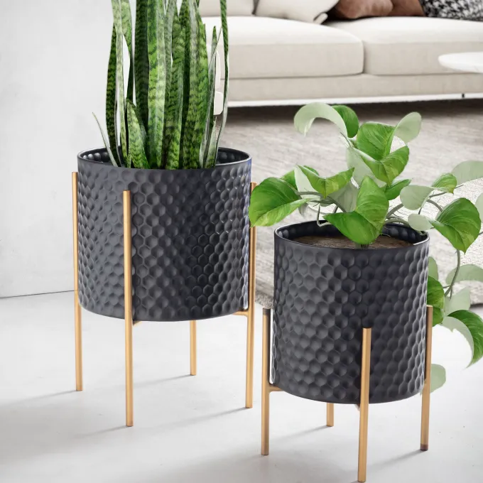 Blumentopf FineBuy Pflanzenkübel 2er Set Metall Schwarz Gold Rund Pflanzgefäß