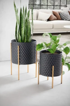 Blumentopf FineBuy Pflanzenkübel 2er Set Metall Schwarz Gold Rund Pflanzgefäß