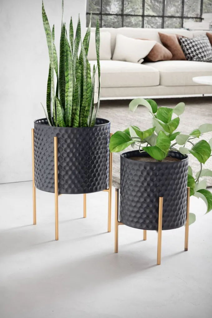 Blumentopf FineBuy Pflanzenkübel 2er Set Metall Schwarz Gold Rund Pflanzgefäß