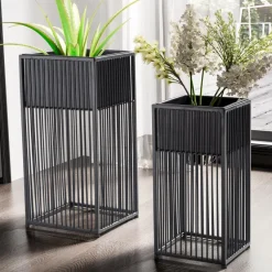 Blumentopf FineBuy Pflanzenkübel 2er Set Metall Schwarz Quadratisch Pflanzgefäß