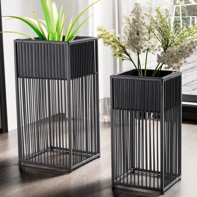 Blumentopf FineBuy Pflanzenkübel 2er Set Metall Schwarz Quadratisch Pflanzgefäß
