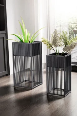 Blumentopf FineBuy Pflanzenkübel 2er Set Metall Schwarz Quadratisch Pflanzgefäß