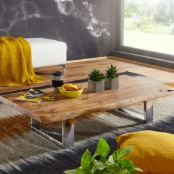 Couchtisch Akazie Massiv 115cm rechteckig Wohnzimmertisch Baumkante Kufengestell