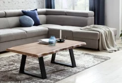 Couchtisch Akazie Massiv 115cm Rechteckiger Wohnzimmertisch Baumkante Metallkufe
