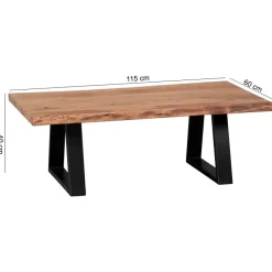 Couchtisch Akazie Massiv 115cm Rechteckiger Wohnzimmertisch Baumkante Metallkufe