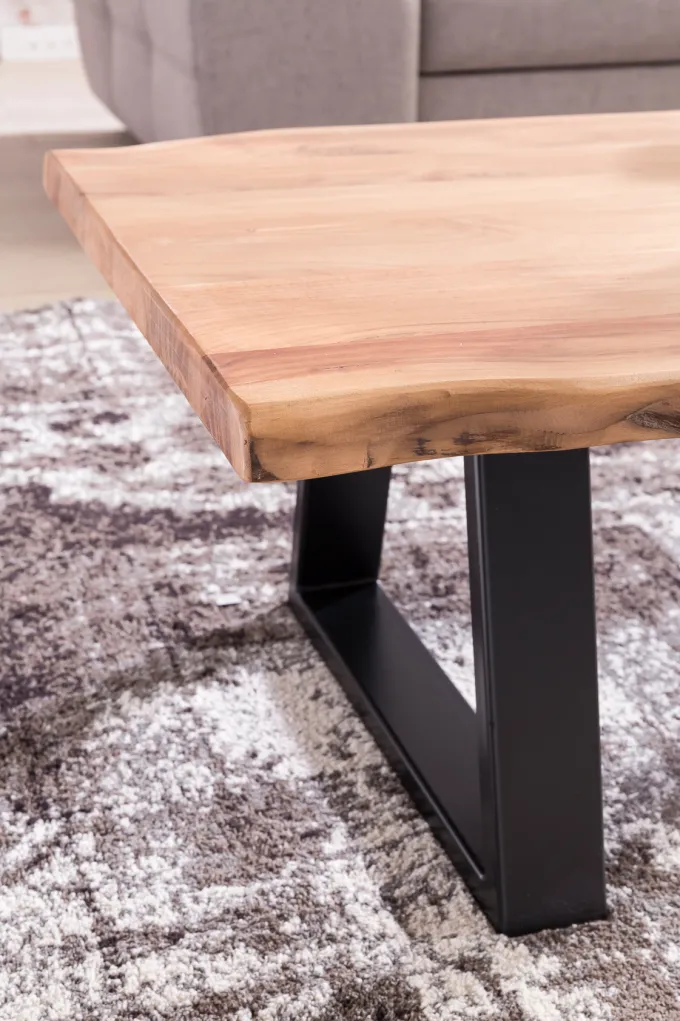 Couchtisch Akazie Massiv 115cm Rechteckiger Wohnzimmertisch Baumkante Metallkufe