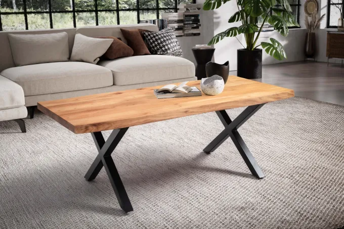Couchtisch Akazie Massiv 120cm · Wohnzimmertisch Baumkante schwarzes X-Gestell
