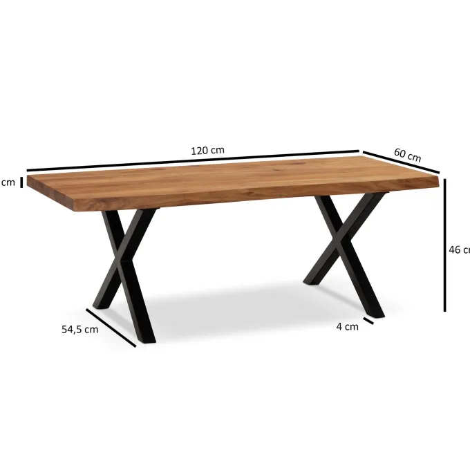 Couchtisch Akazie Massiv 120cm · Wohnzimmertisch Baumkante schwarzes X-Gestell