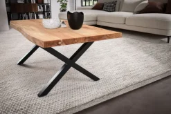Couchtisch Akazie Massiv 120cm · Wohnzimmertisch Baumkante schwarzes X-Gestell