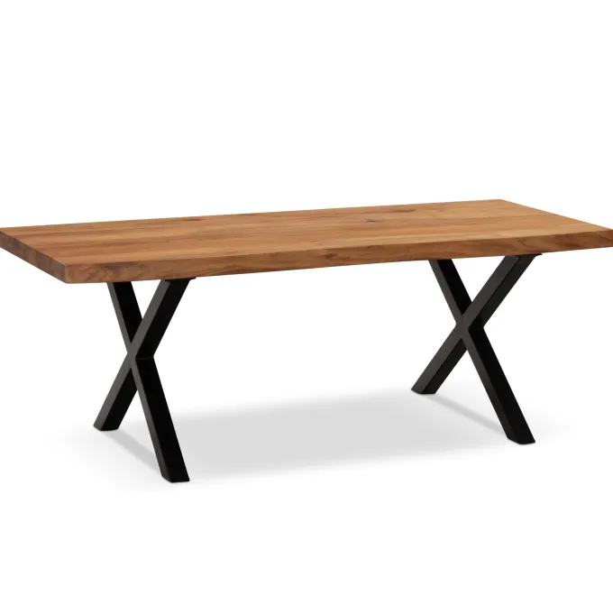 Couchtisch Akazie Massiv 120cm · Wohnzimmertisch Baumkante schwarzes X-Gestell