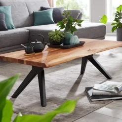 Couchtisch Akazie Massivholz 115cm Wohnzimmertisch Baumkante V-Gestell Schwarz