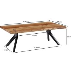 Couchtisch Akazie Massivholz 115cm Wohnzimmertisch Baumkante V-Gestell Schwarz
