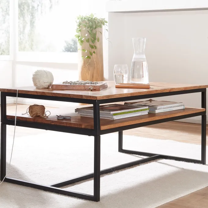 Couchtisch Akazie Massivholz 100cm rechteckig Wohnzimmertisch Ablage Loft Design