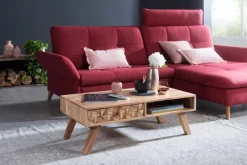 Couchtisch Akazie Massivholz 95cm Wohnzimmertisch Schublade Ablage Retro Design
