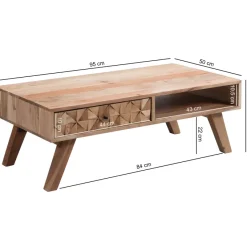 Couchtisch Akazie Massivholz 95cm Wohnzimmertisch Schublade Ablage Retro Design