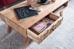 Couchtisch Akazie Massivholz 95cm Wohnzimmertisch Schublade Ablage Retro Design