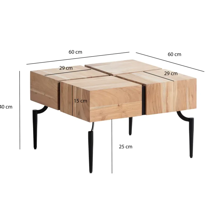 Couchtisch Akazie Massivholz quadratisch 60cm Wohnzimmertisch Blocks Industrial