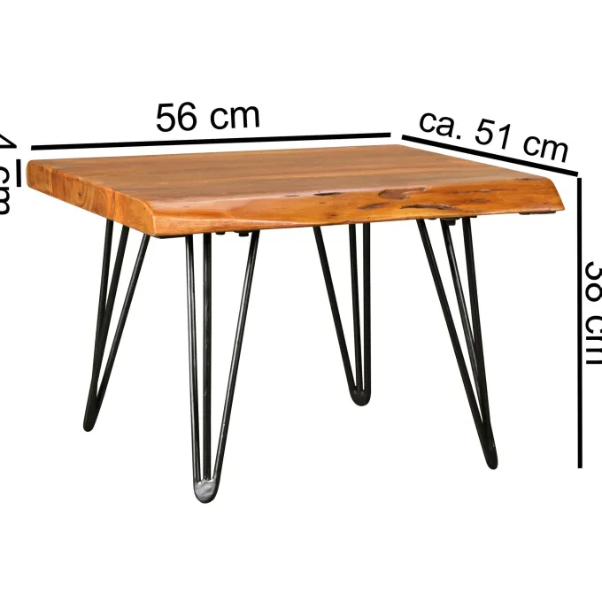 Couchtisch Baumkante 56x38x51 cm Sheesham Massivholz Metallbeine Wohnzimmertisch